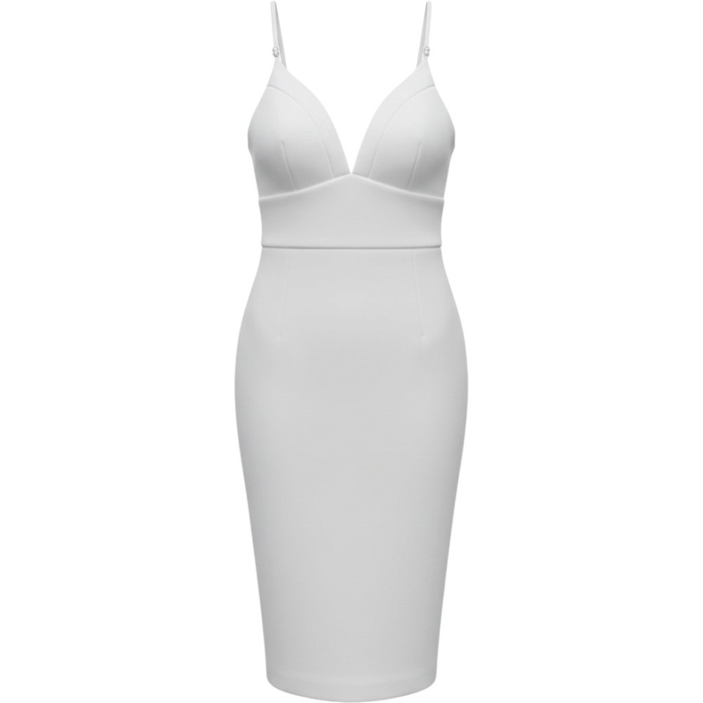Lulus White Bodycon Midi Dress Size M V-Neck Exposed Back Zipper Cocktail Bridal